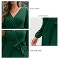thumbnail image 5 of Women Dress Lantern Sleeve High Waist Belted Pleated Wrap V Neck Dress for Winter Fall Lady Girls Green S, 5 of 6