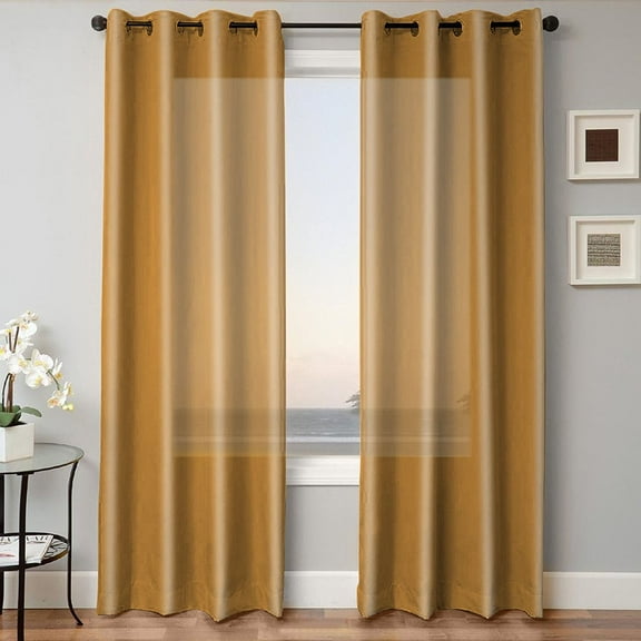 2 PANEL MIRA SOLID GOLD SEMI SHEER WINDOW FAUX SILK ANTIQUE BRONZE GROMMETS CURTAIN DRAPES 55 WIDE X 108" LENGTH