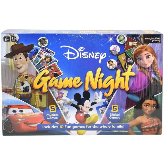 Disney Game Night Family Game Set with 10 Games, 5 Physical and 5 Digital Games, Ages 6
