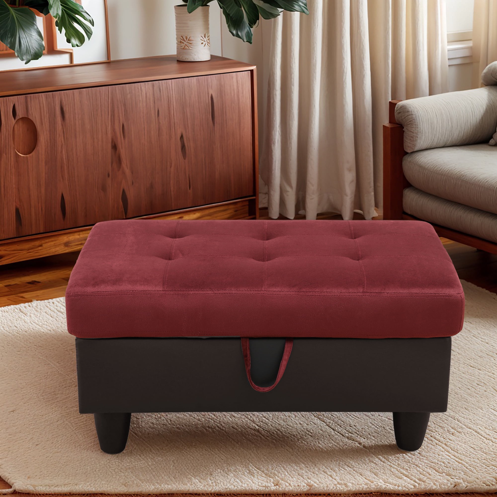 Flannel and PVC Storage Ottoman for Living Room