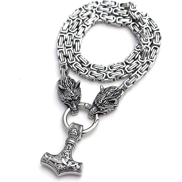 Collar de acero inoxidable con cabeza de lobo de Thor Mjolnir, colgante de martillo de Thor vikingo nórdico, cadena de rey, collar de amuleto vikingo, regalos vikingos