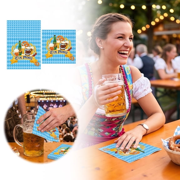 Oktoberfest Disposable Napkins 20 Pcs, Blue White Bavarian Diamond Pattern Paper Dinner Napkins with Pretzel Print, Square Decorative Napkins for Festival Party Supplies Fall Napkins