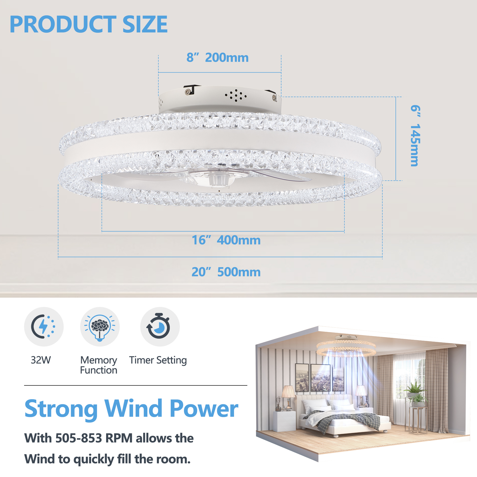 Leumius 20" Luxury Double Ring LED Ceiling Fan with Light, Modern Flush Mount Design, Hidden Blades, Dimmable Lighting & Remote Control, Low Profile Silent Fan for Bedroom, Living Room White
