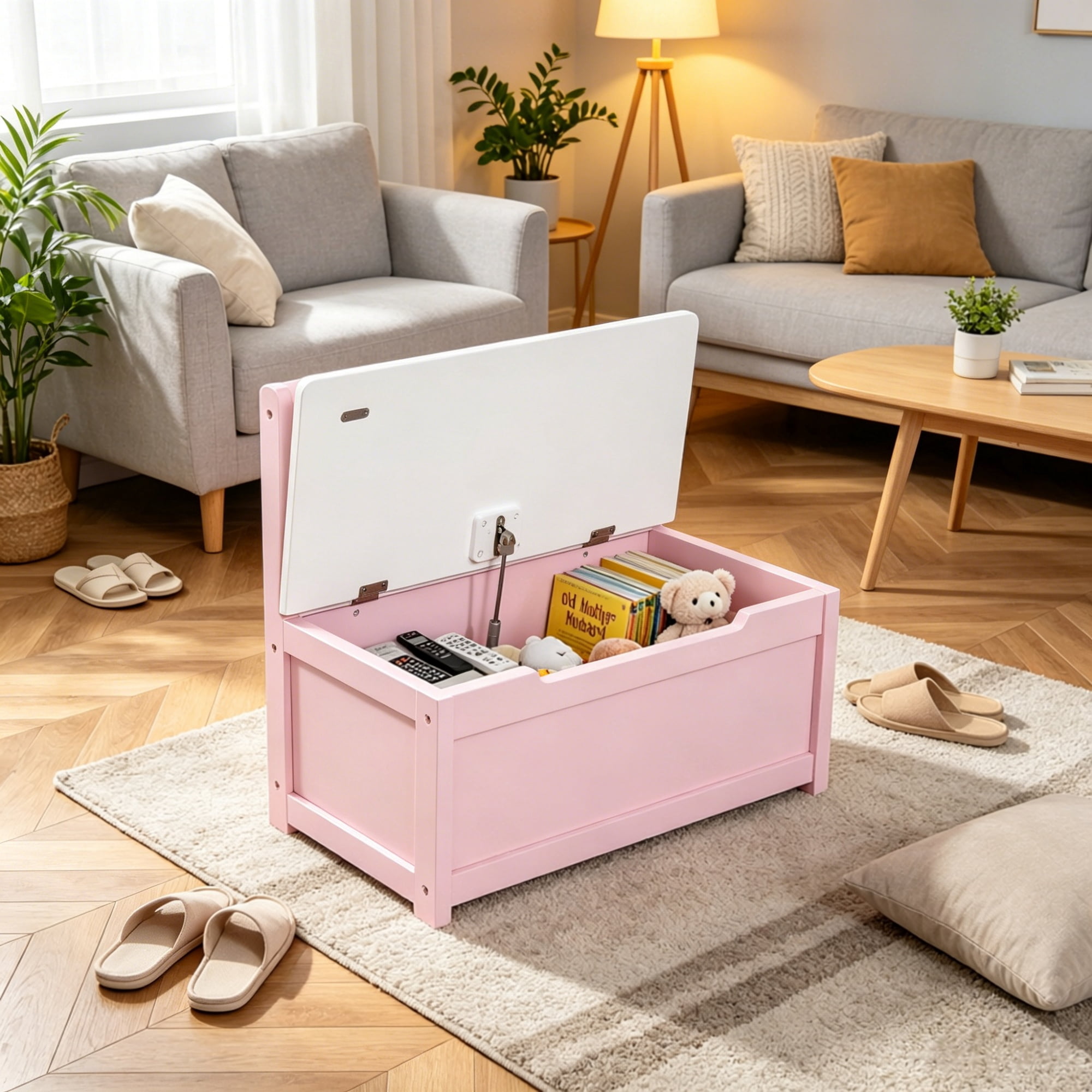 Storage Bench Toy Box Chest with Large 27L Interior Toy Organizer with Top Lid And Backrest for Nursery Playroom Bedroom Furniture 24" x 12" x 20", Pink