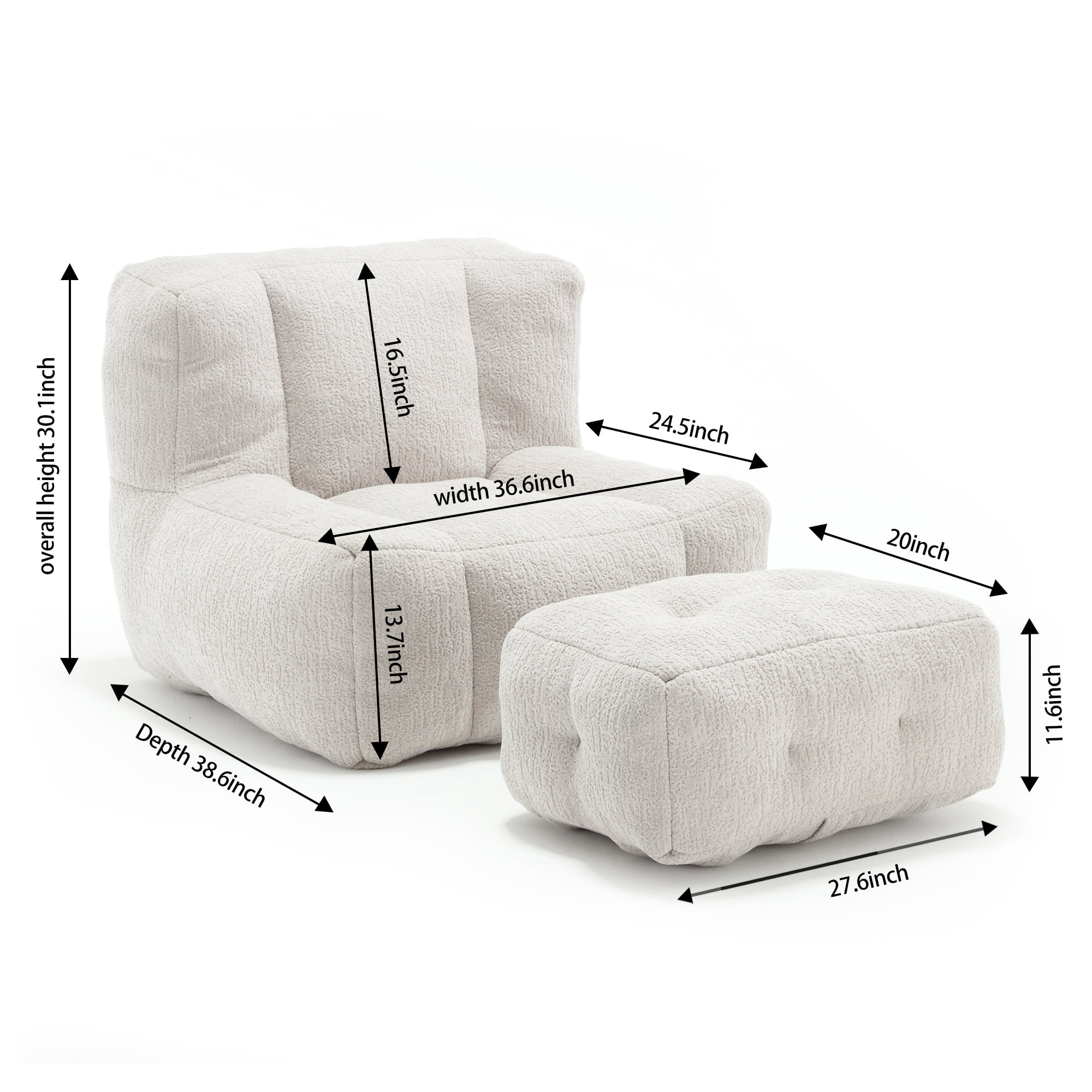 Accent Chair with Ottoman Set,Modern Velvet Bean Bag Chair for Adults and Childs,Upholstered Lazy Sofa Chair Armchair for Living room, Bedroom, Apartment,Light Gray