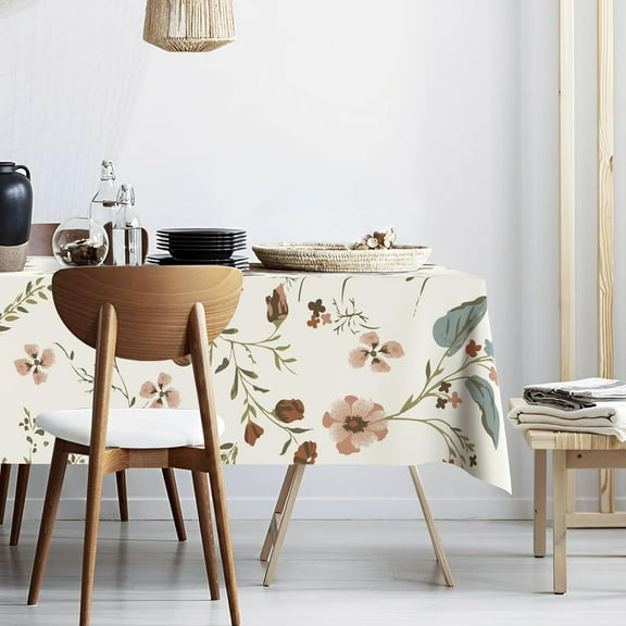 Spring Flowers Fabric Waterproof Tablecloth,Rectangle Watercolor Wrinkle Oil-Proof Resistant Table Cover for Dining Table, Modern Minimalist White Buffet Parties and Campin.60x 120 inches