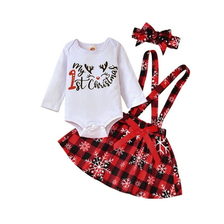 

Frontwalk Baby Swing Crew Neck 3Pcs Outfit Suit Check Print Cute Jumpsuit Top+Strap Dress+Headband Toddler Santa Claus Printed Party Spring Autumn Outfits K101821 70 (0-3M)