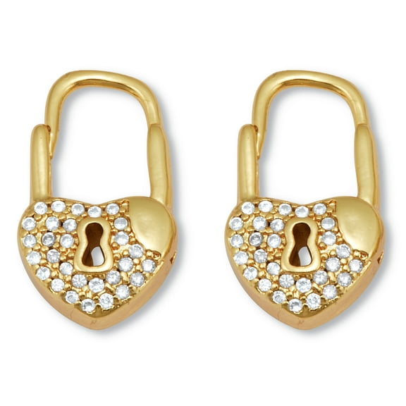 Round Crystal Goldtone Heart Lock Drop Earrings