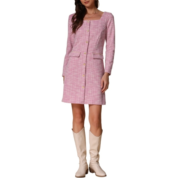 Vestido de tweed para mujer Inspire Chic, de manga larga, escote cuadrado, largo hasta la rodilla, color rosa intenso