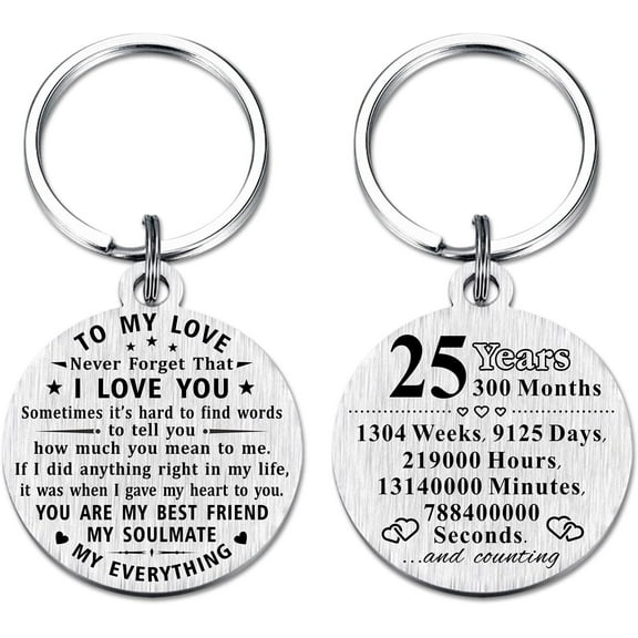 25th Anniversary Keychain Gifts, Steel Engraved 25 Year Anniversary Decorations, 25 Yr Anniversary for Men Husband Women Wife