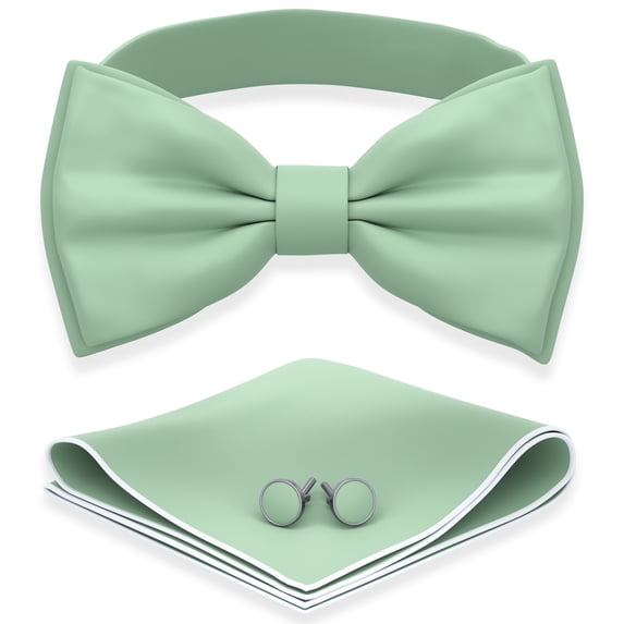 Men's Green Fern Bow Tie with Handkerchief & Cufflinks Pre-Tied Style Formal Satin Classic Bowtie for Tuxedo Faux Silk, by Adam Young (Large, Deep Sage)