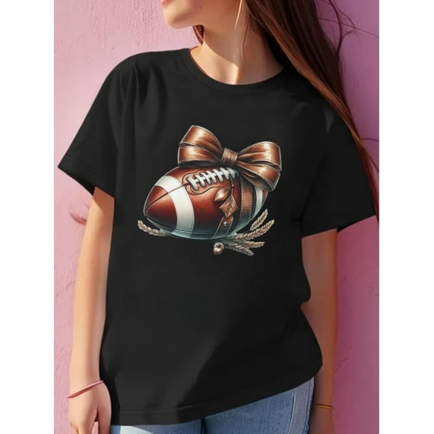 Camiseta informal negra para niña con estampado de rugby y lazo. Cómoda camiseta de manga corta y cuello redondo, ideal para actividades al aire libre en verano. Ideal para adultos, hombres, mujeres,