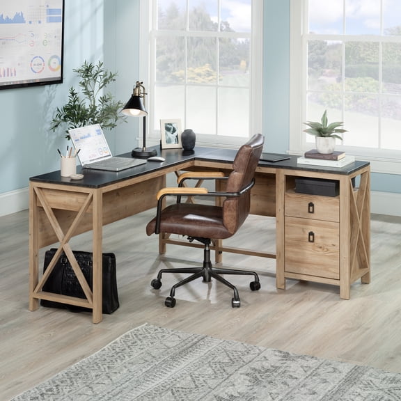 Sauder Newberry Lane Engineered Wood L-Shaped Desk in Khaki Pine