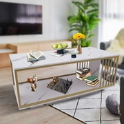 Miumaeov Marble Coffee Table Modern Living Room Table with Gold Metal Frame and Storage Shelf, 2 Tier Living Room Center Table for Home Furniture Office Decor
