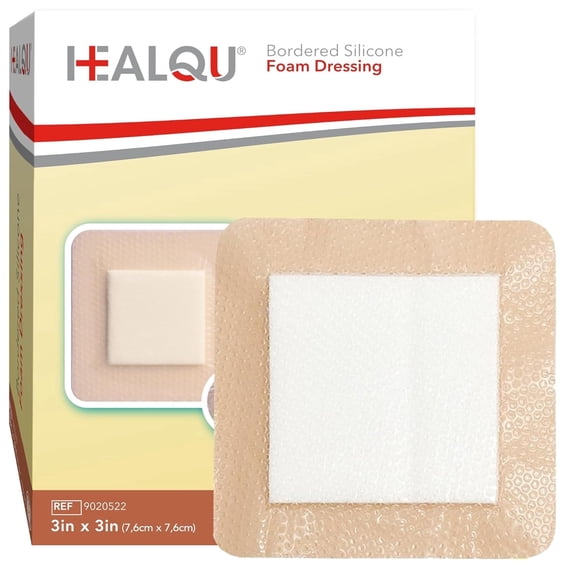 HEALQU Silicone Foam Dressing with Border 3x3 in, Box of 10 – Absorbent, Waterproof Wound Care Pads for Burns, Pressure Ulcers, and Sensitive Skin