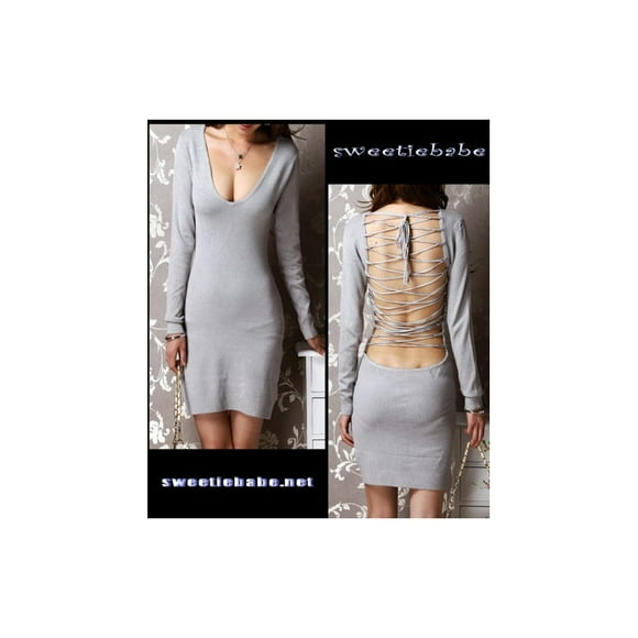 Sweeteibabe V19 V-Neck Backless Clubwear/Cocktail Long Sleeve Dresses Grey S