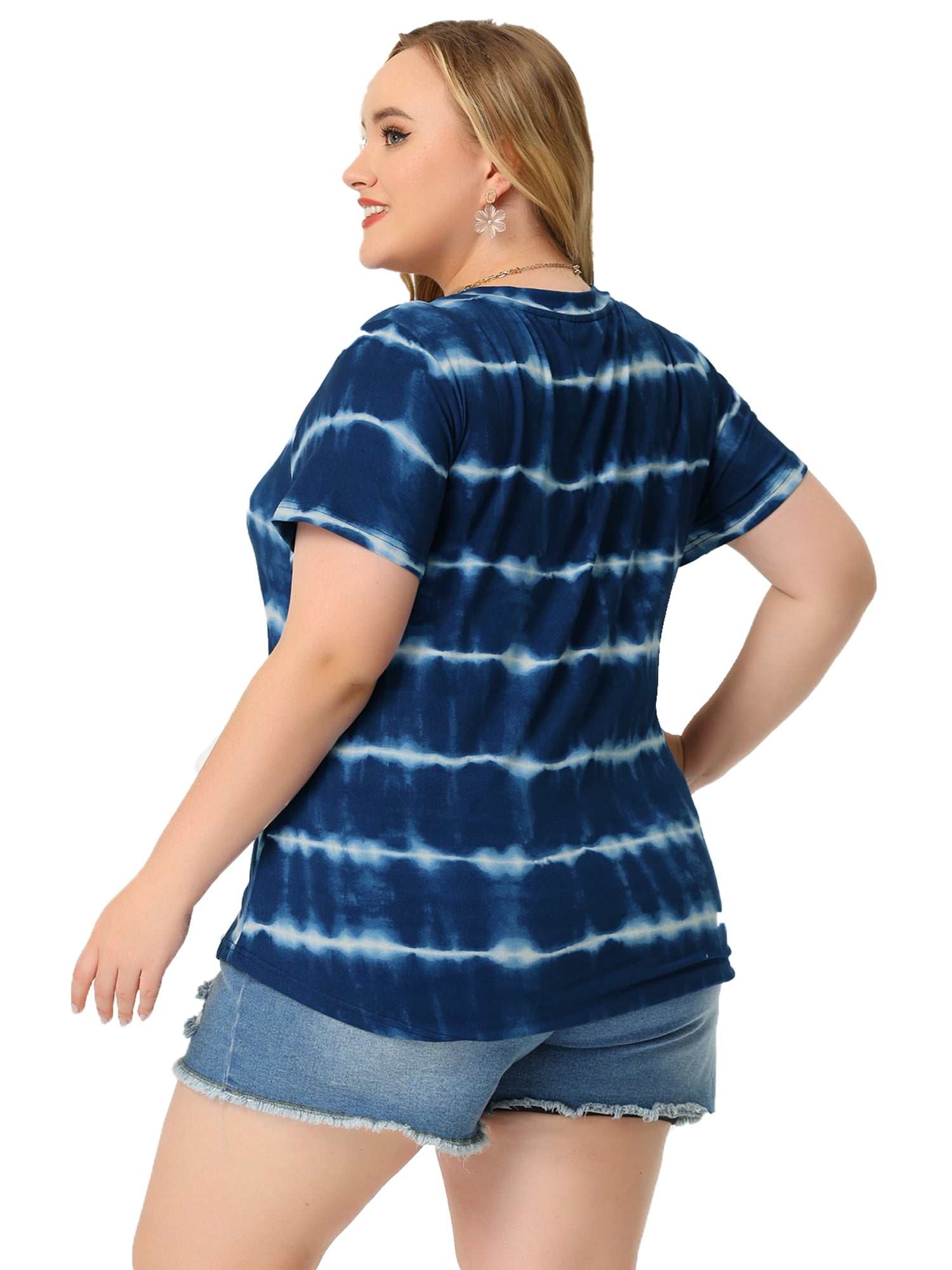 DARING DIVA Women's Plus Size V Neck Short Sleeve Tie Dye Tunic Top 4X Blue