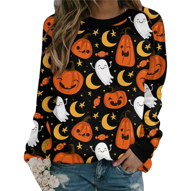 SUNSIOM Chandails en Molleton Mode Femme Halloween Sauvage Crâne Fantôme Chat Citrouille Imprimé Col Rond Manches Longues Pulls Tops
