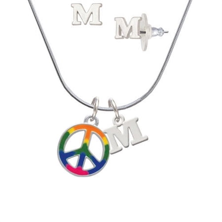 Large Rainbow Colored Peace Sign – M Initial Charm Necklace and Stud Earrings Jewelry Set