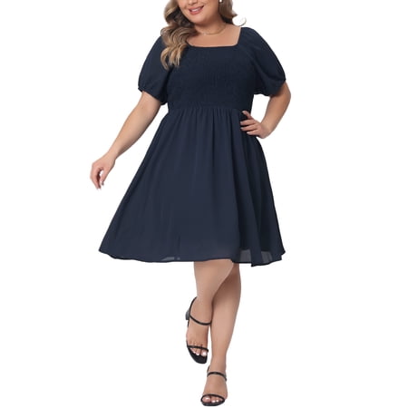 DARING DIVA Women's Plus Dress Smocked Square Neck Stretchy Midi Dress 4XL Navy Blue