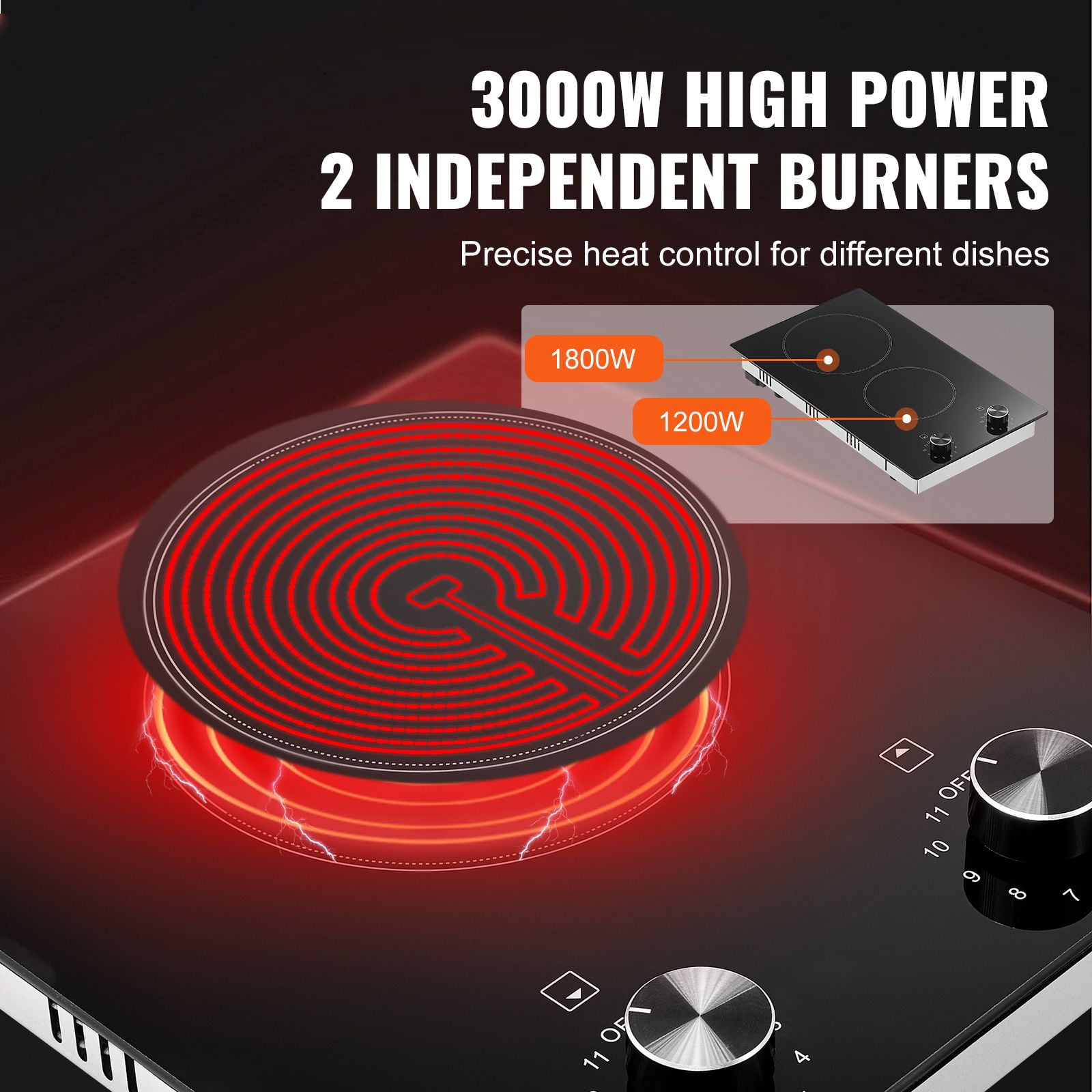 12 inch 2 Burner Electric Cooktop Built-in Ceramic Glass Stove Top 3000W Radiant Cooktop Knob Control 11 Heat Levels 220-240V Hard Wire No Plug