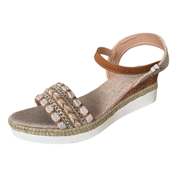 Bmisegm Ladies Weave Open Toe Buckle Strap Summer Slope Heel Thick Soled Wedges Roman Sandals Sandals Women Summer Beige 6.5