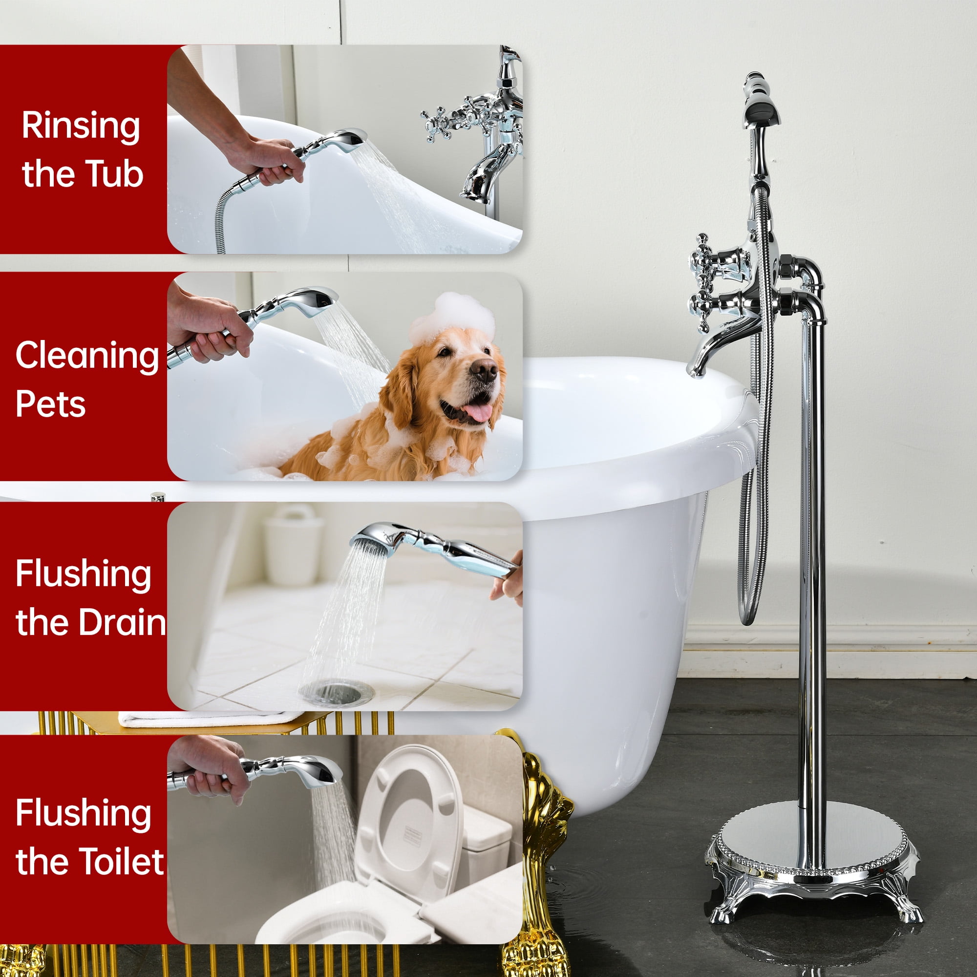 SUMERAIN Waterfall Freestanding Bathtub Faucet with Hand Shower, Antique High Flow Floor Mount Tub Filler, Chrome Finish