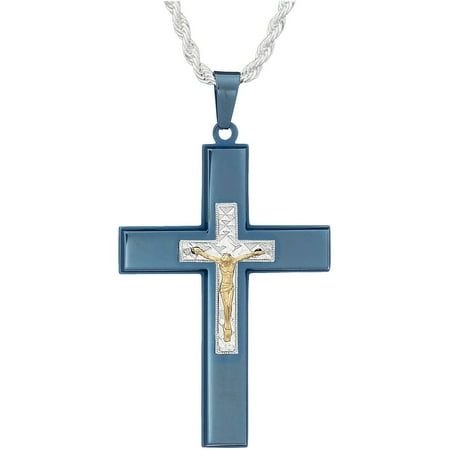 Jewelry Men's Stainless Steel Blue/Silver/Gold-Tone Crucifix Pendant, 24