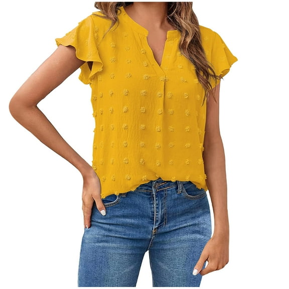 Women's Summer Blouses V Neck Swiss Dots Plain Work Tops Ruffle Short Sleeve Casual Comfy Loose Tunic Tops T Shirts
