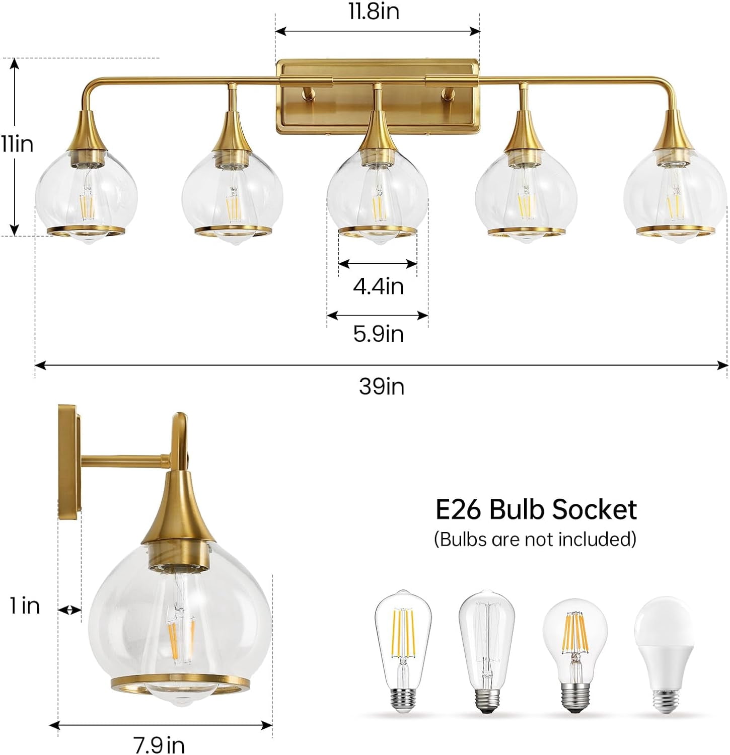 5-Lights Bathroom Light Fixtures Gold Bathroom Vanity Light Over Mirror with Clear Glass Shade Wall Sconce Lighting