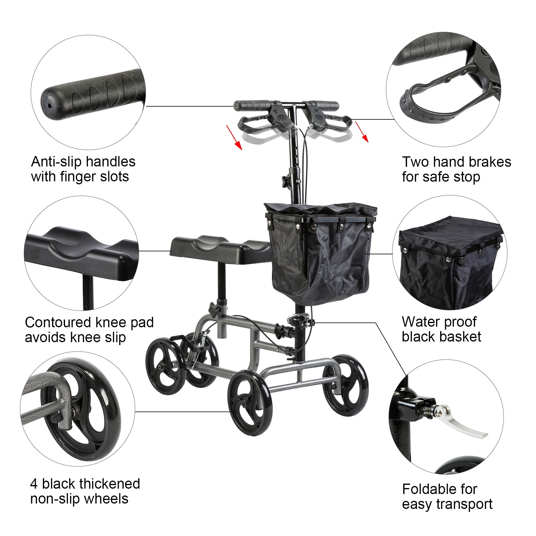 Steerable Knee Walker Knee Scooter Knee Cycle Leg Walker w/Storage Basket, 300 LB. Load Capacity