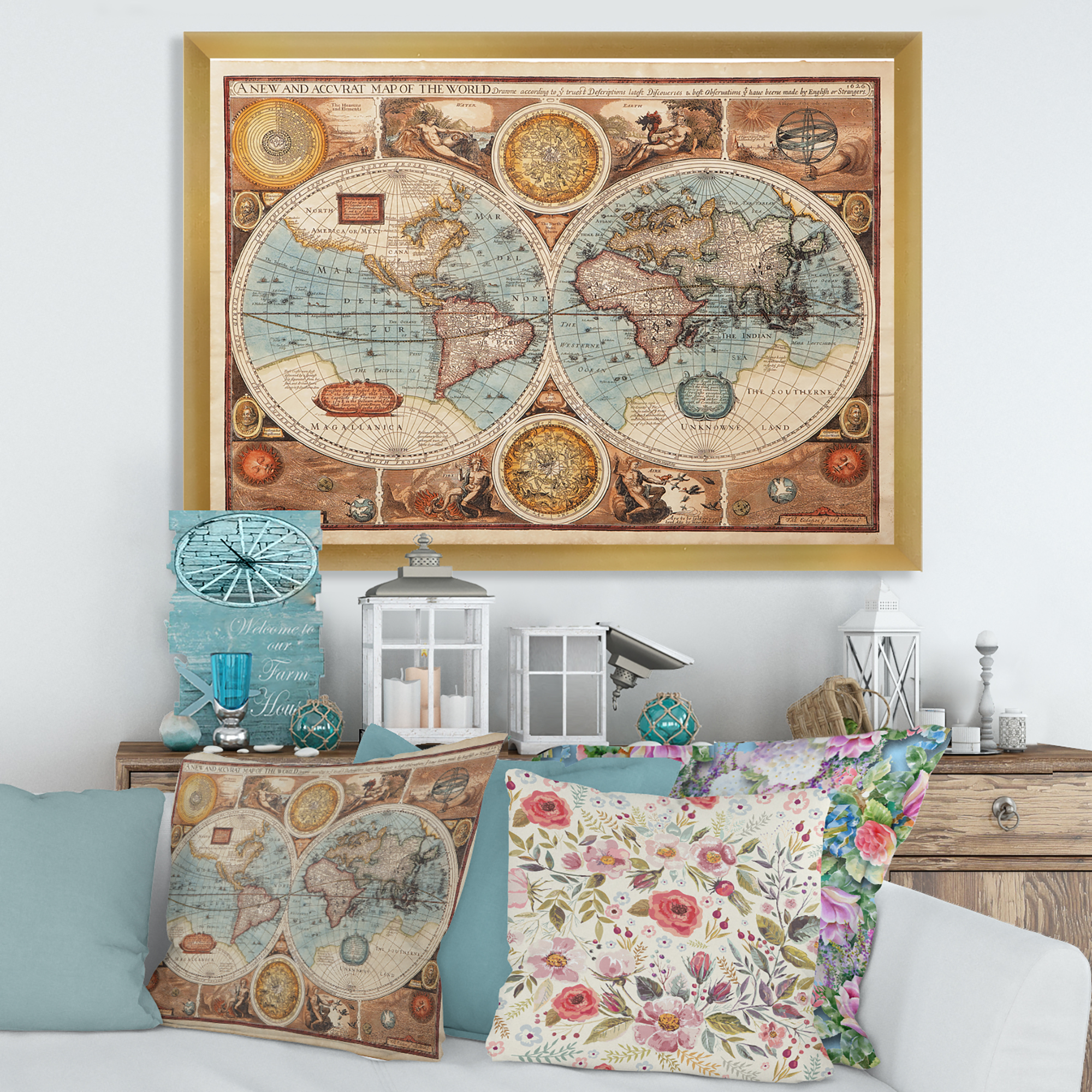 Designart 'Vintage Map of The World VIII' Vintage Framed Art Print