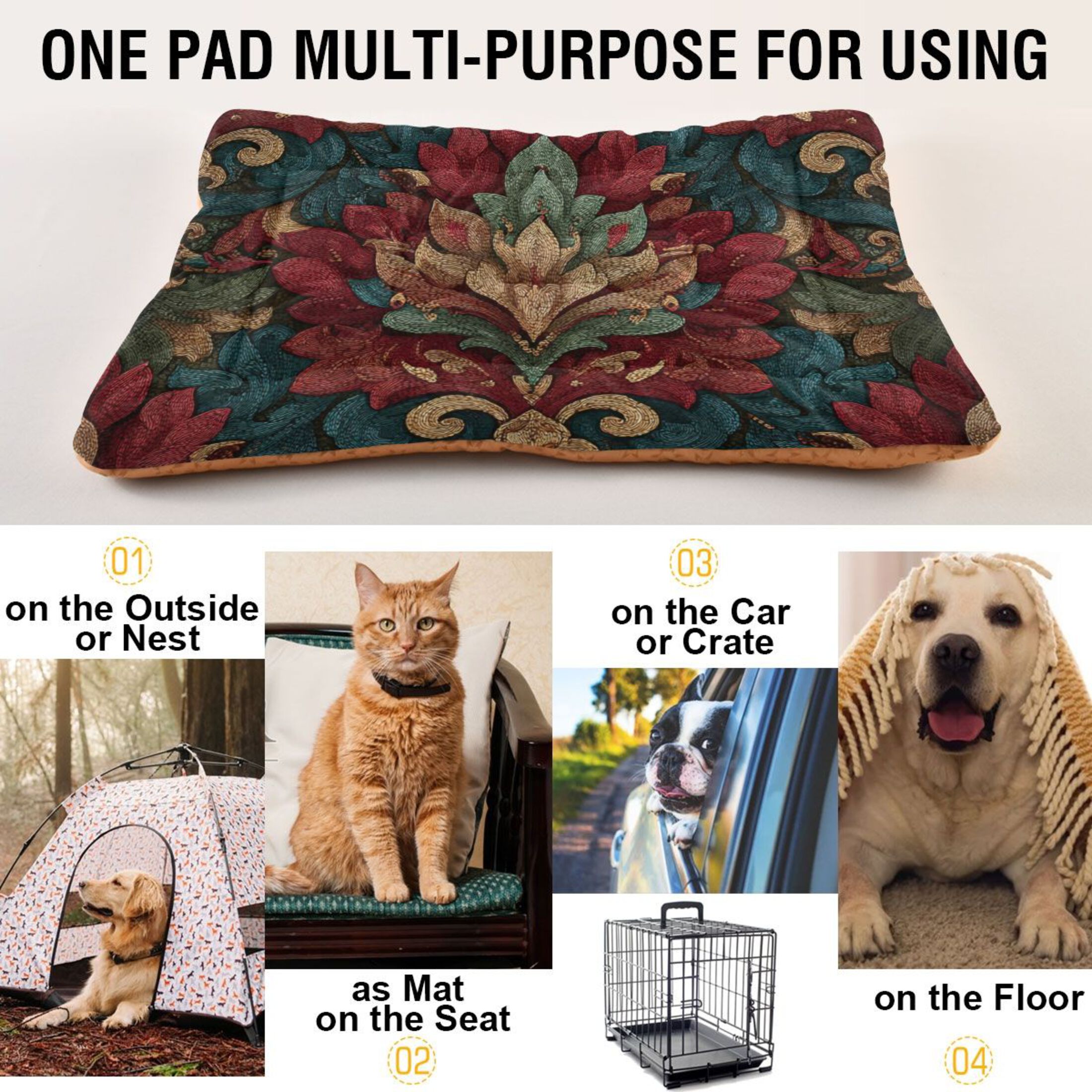 Cozy Mat Pet Bed Indoor Outdoor Warm Soft For Cat Dog Puppy(S/M) Baroque Ornate Pattern