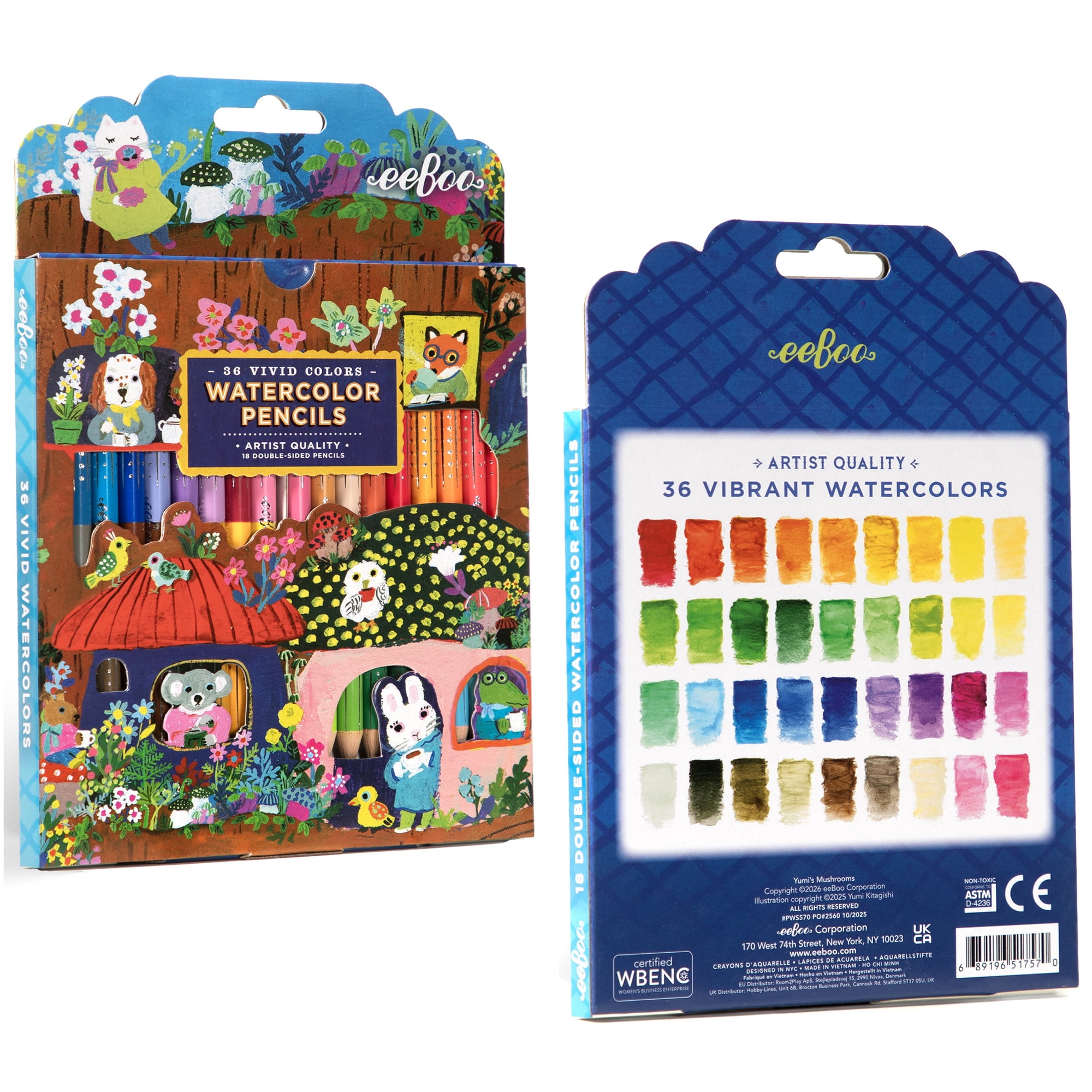 eeBoo: Watercolor Pencils - Yumi’s Mushrooms - 18 Double-Sided Pieces, 36 Colors, Foil Barrel, Add Water For Painting, Artist Quality, Adult Supplies