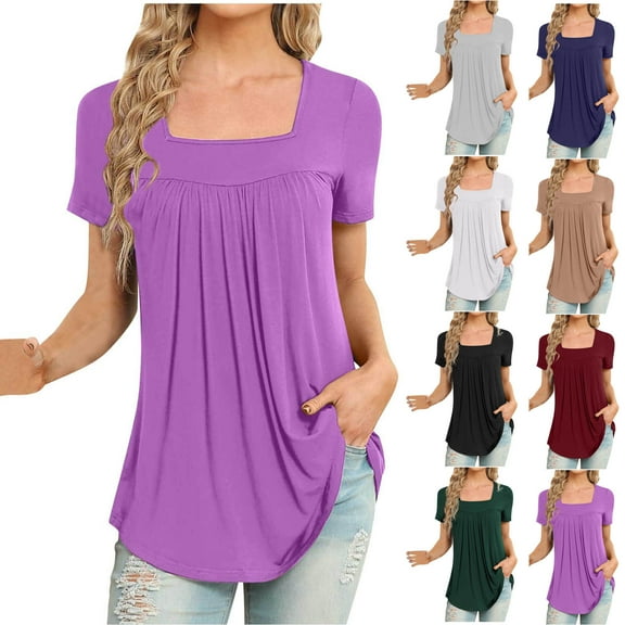 Elainilye Fashion Women T Shirt Sold Color Square Neck Underwaist Comfortable Loose T-Shirt Short Sleeve Blouse Casual Tops,Blue