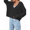 thumbnail image 3 of Women Casual V Neck Solid Color Long Sleeve Off Shoulder Loose Crop Pullover Sweater Tops, 3 of 8