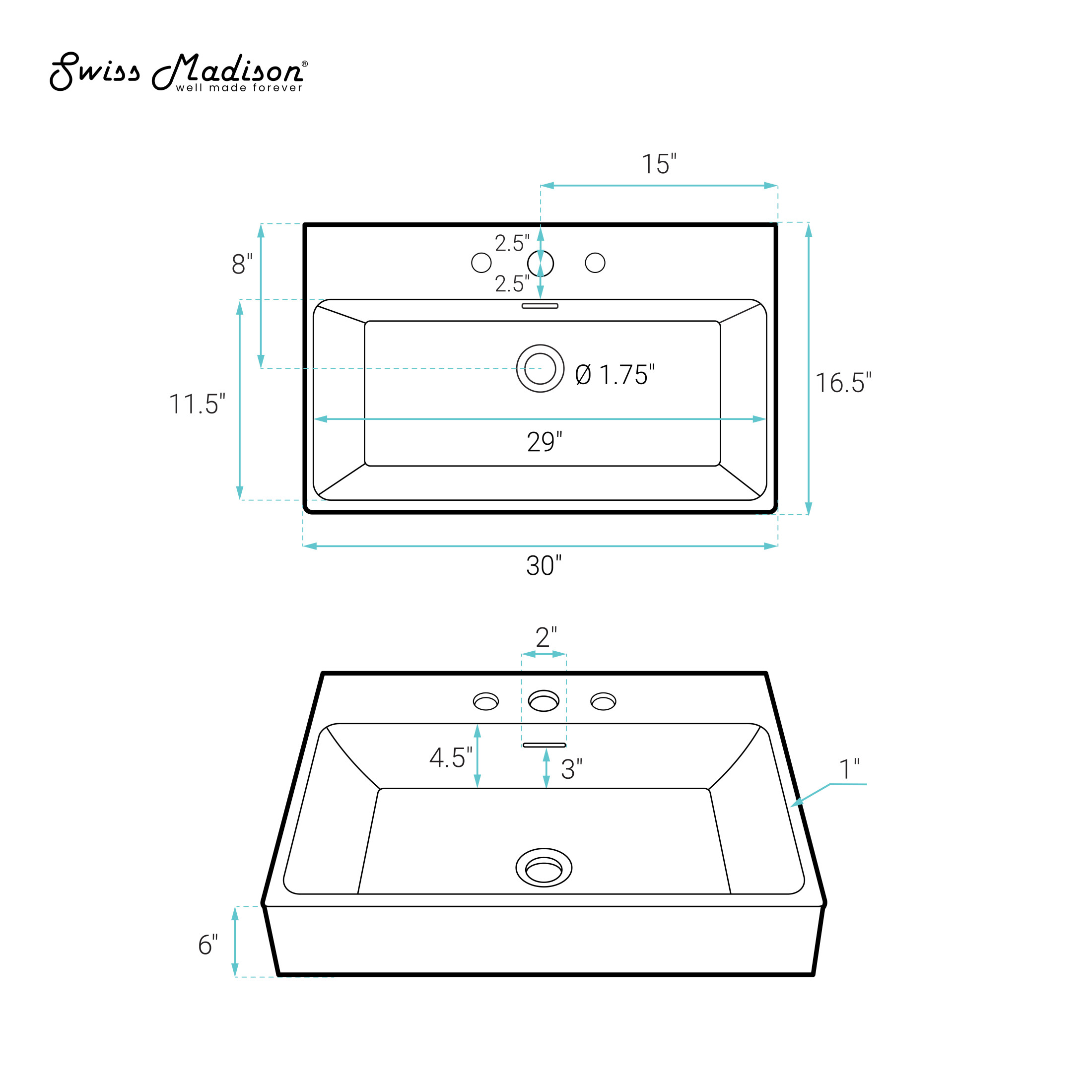 Claire 30" Rectangle Wall-Mount Bathroom Sink with 8" Widespread Holes