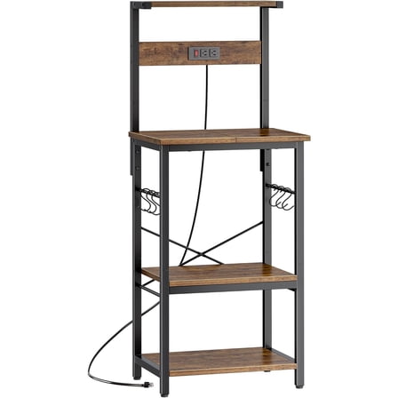 4 Tier Bakers Rack with Power Outlets, Microwave Stand with Adjustable Shelf, Kitchen Shelf Organizer for Small Space, Coffee Bar with 6 S Hooks, Kitchen Storage Rack, Rustic Brown