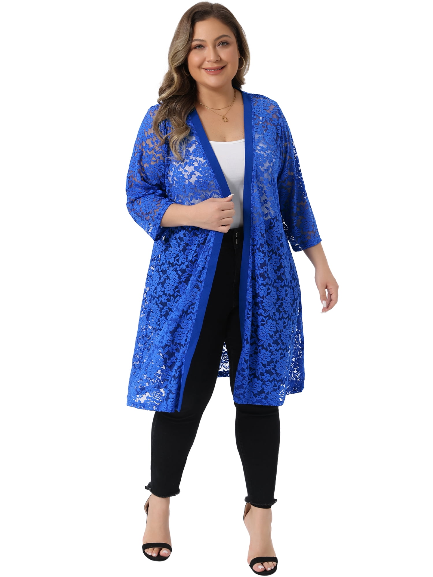 DARING DIVA Women's Plus Size Lace Crochet 3/4 Sleeve Cover Up Jacket 2X Royal Blue