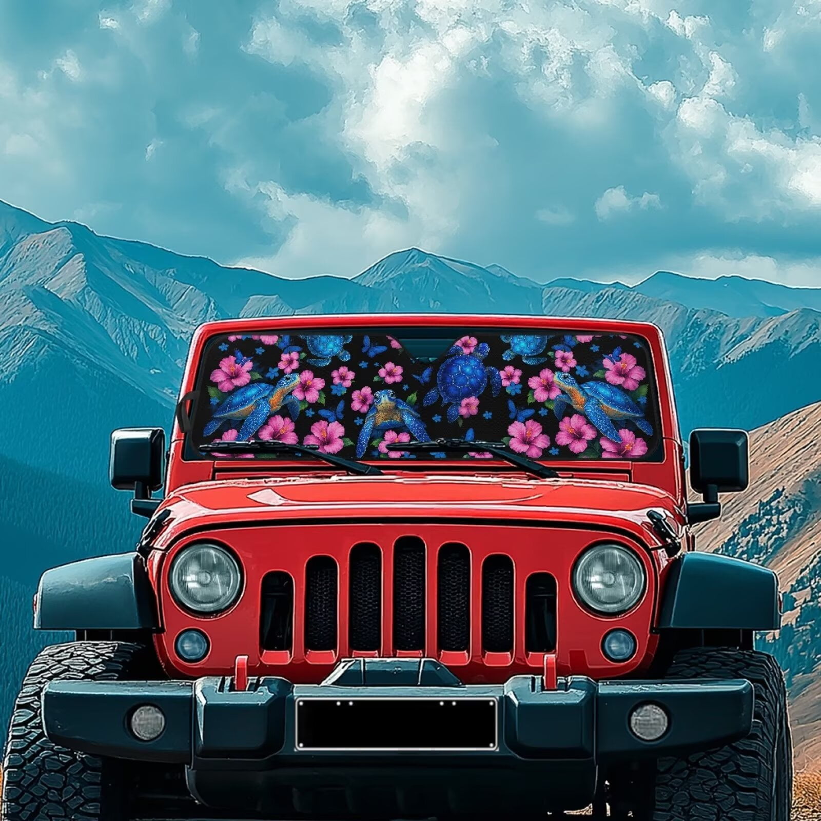 Uorisanigo Windshield Sun Shade, Shade Heat Shield, 52.95 in *16.14 in, Compatible with Jeep Wrangler, Compass, Gladiator & Renegade,UV Blackout Boho Floral Turtle Shades,1Pc