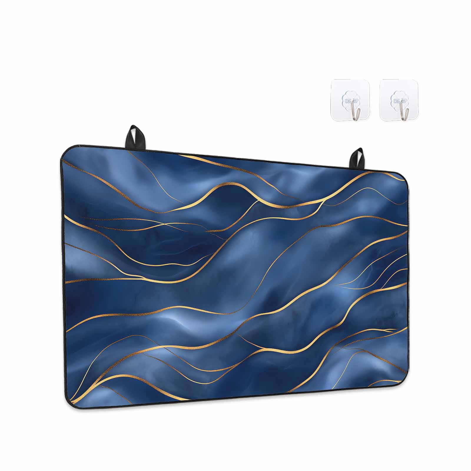 Navy Blue Marble Stove Top Cover for Electric Stove, Heat-proof & Non Slip Glass Top Stove Cover Protector, Abstract Modern Golden Geometric Kitchen Flat Cooktop Rubber Mat 24x21 Inches
