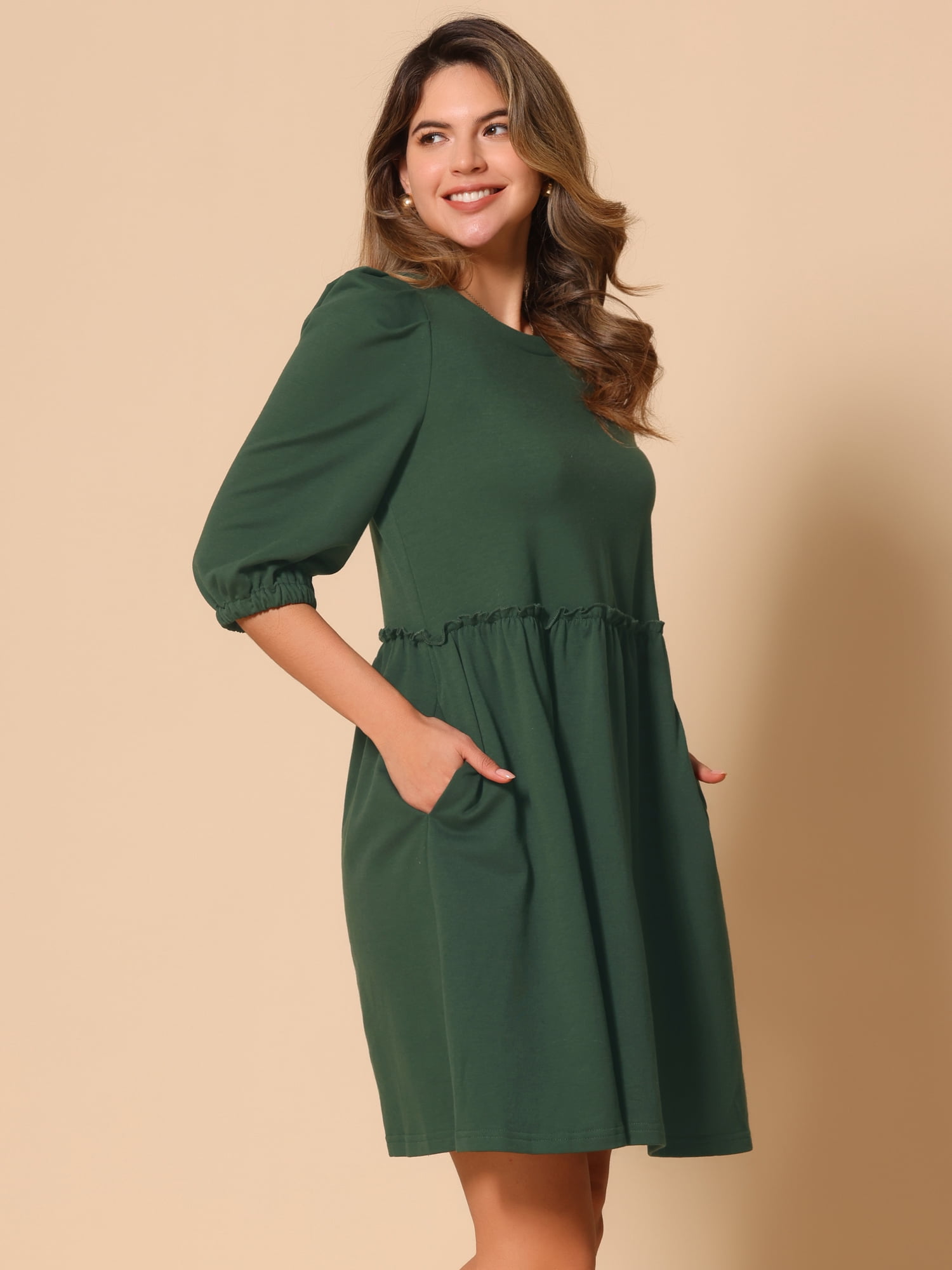DARING DIVA Casual Scoop Neck Pocket Babydoll Dress XL Dark Green