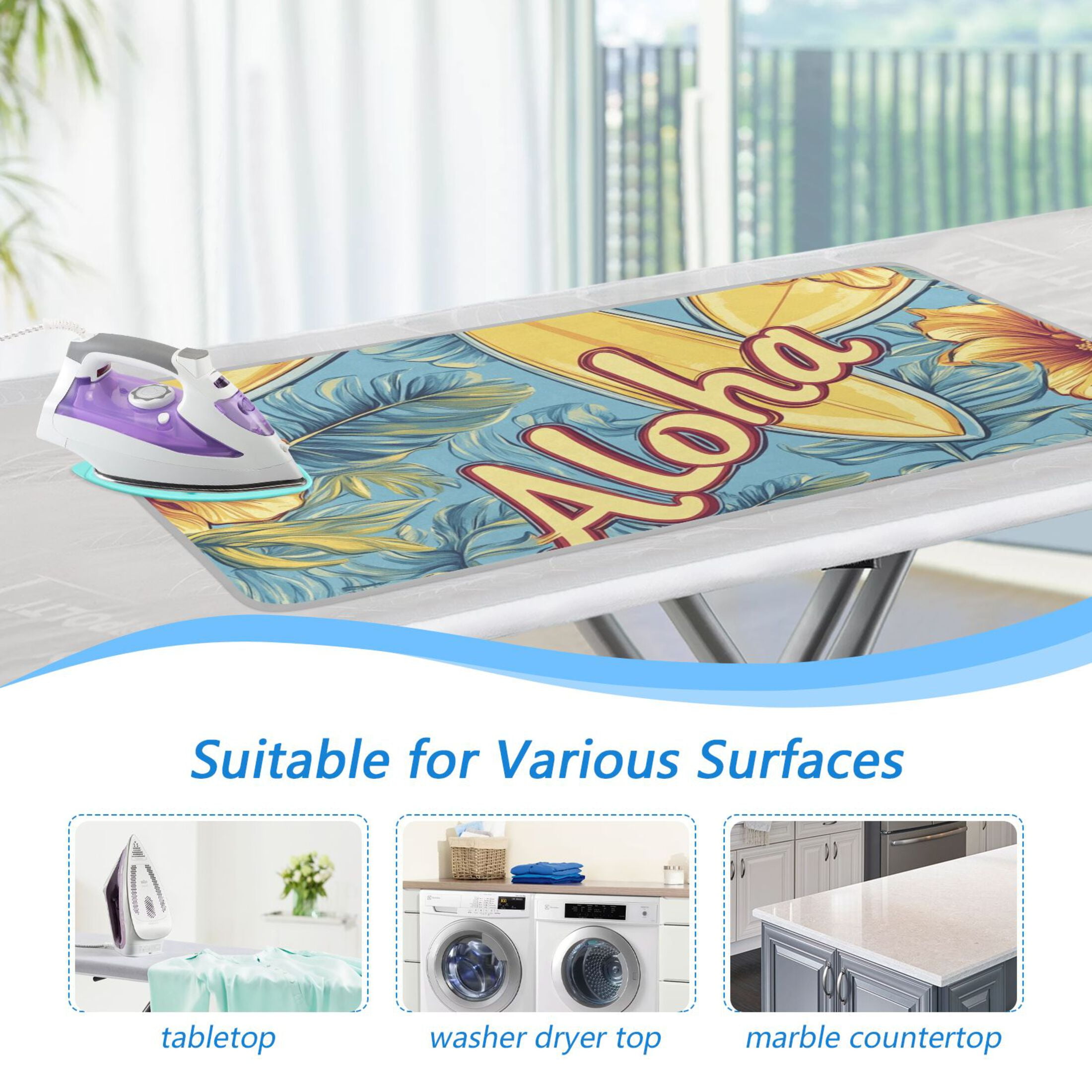 Tropical Surfboards Flowers Leaves Hawaii Ironing Mat Blanket Portable Travel Ironing Pad Heat Resistant Pad 47.2" x 27.6”