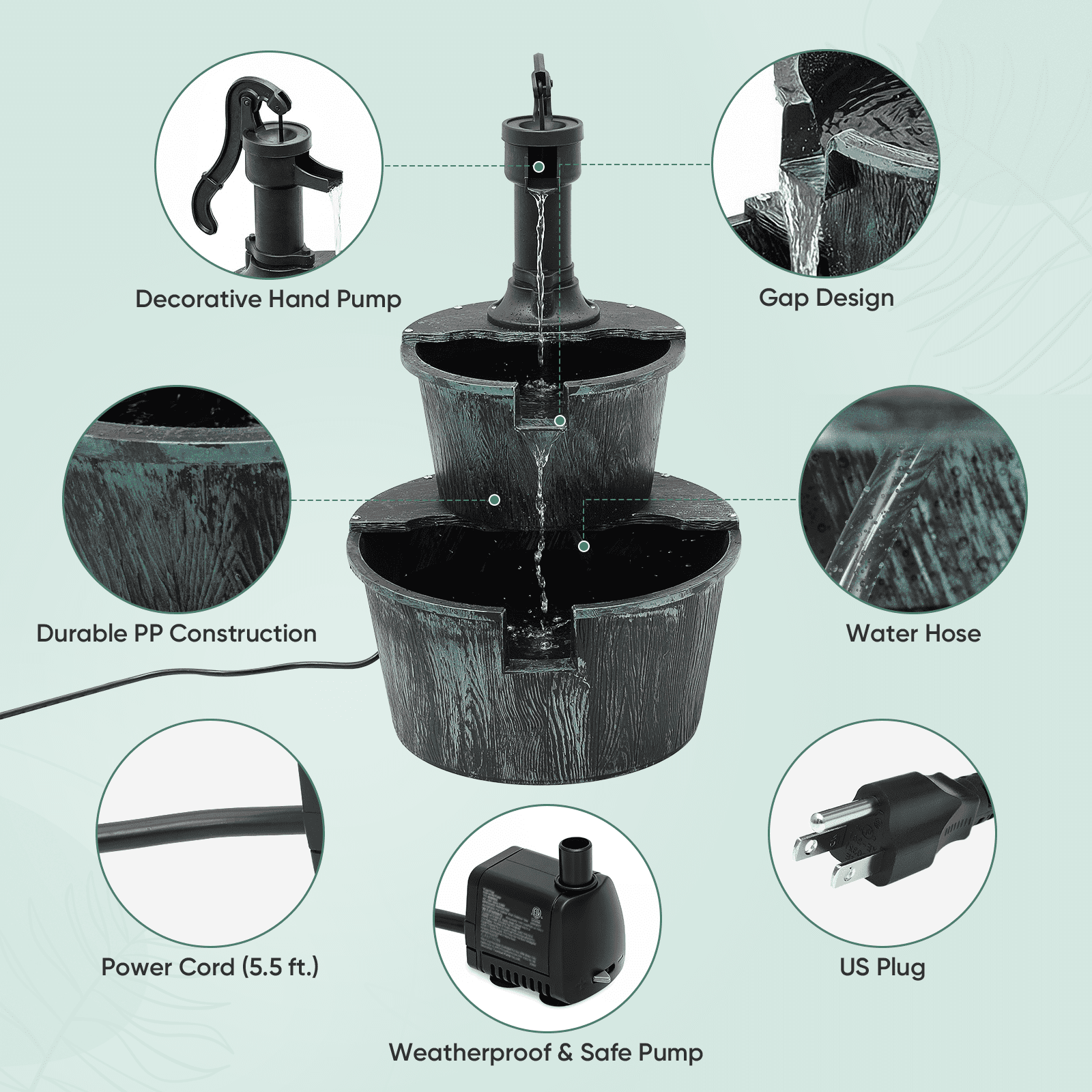 Magshion 27" 2-Tier Barrel & Pump Waterfall Fountain, Freestanding with Recirculating Pump, for Garden Patio Backyard, 11L, Green