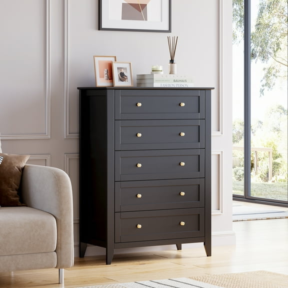 5 Chest of Drawers, Drawer Dresser for Bedroom, Black Wood Dresser with Large Drawers, Modern Storage Cabinet for Closet, Living Room, Entryway