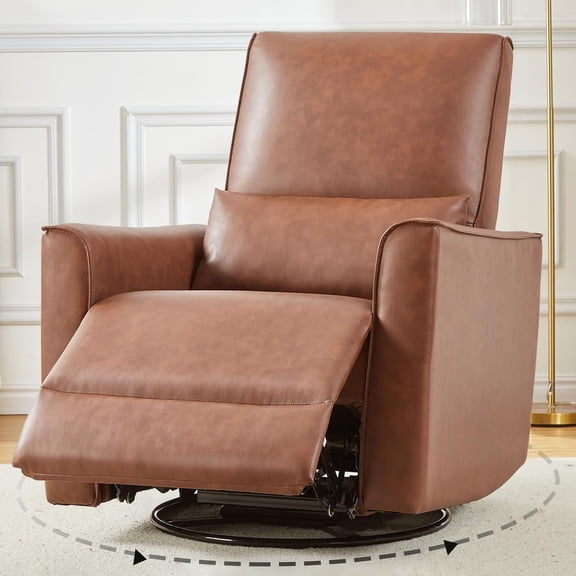 Swivel Rocking Recliner Chair, Upholstered Faux Leather Glider Recliner with Lumbar Support, high backrest & Padded armest, Manual Nursery Recliner for Living Room (Brown)