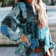 thumbnail image 5 of Camisa de mujer Jumpingount cuello liso plisado Casual manga casquillo Bohemia blusa interior exterior Azul METRO, 5 of 6
