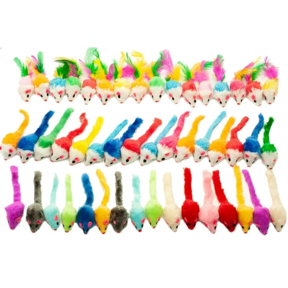 48-Count Assorted Mice Cat Toys Furry Rattle Mouse Kitten Toy Mini Mice for Indoor Cats Interactive Play Color Varies