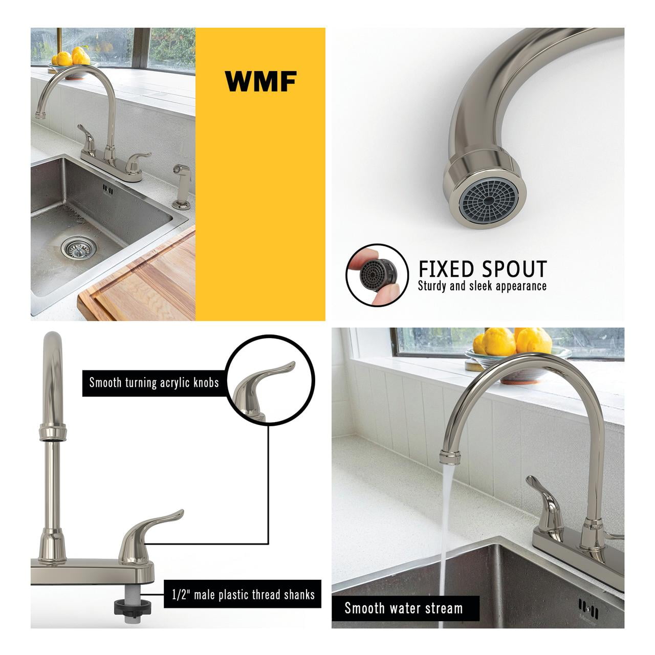 Brushed Nickel Non Metallic High Spout Double Handle Faucet With Spray