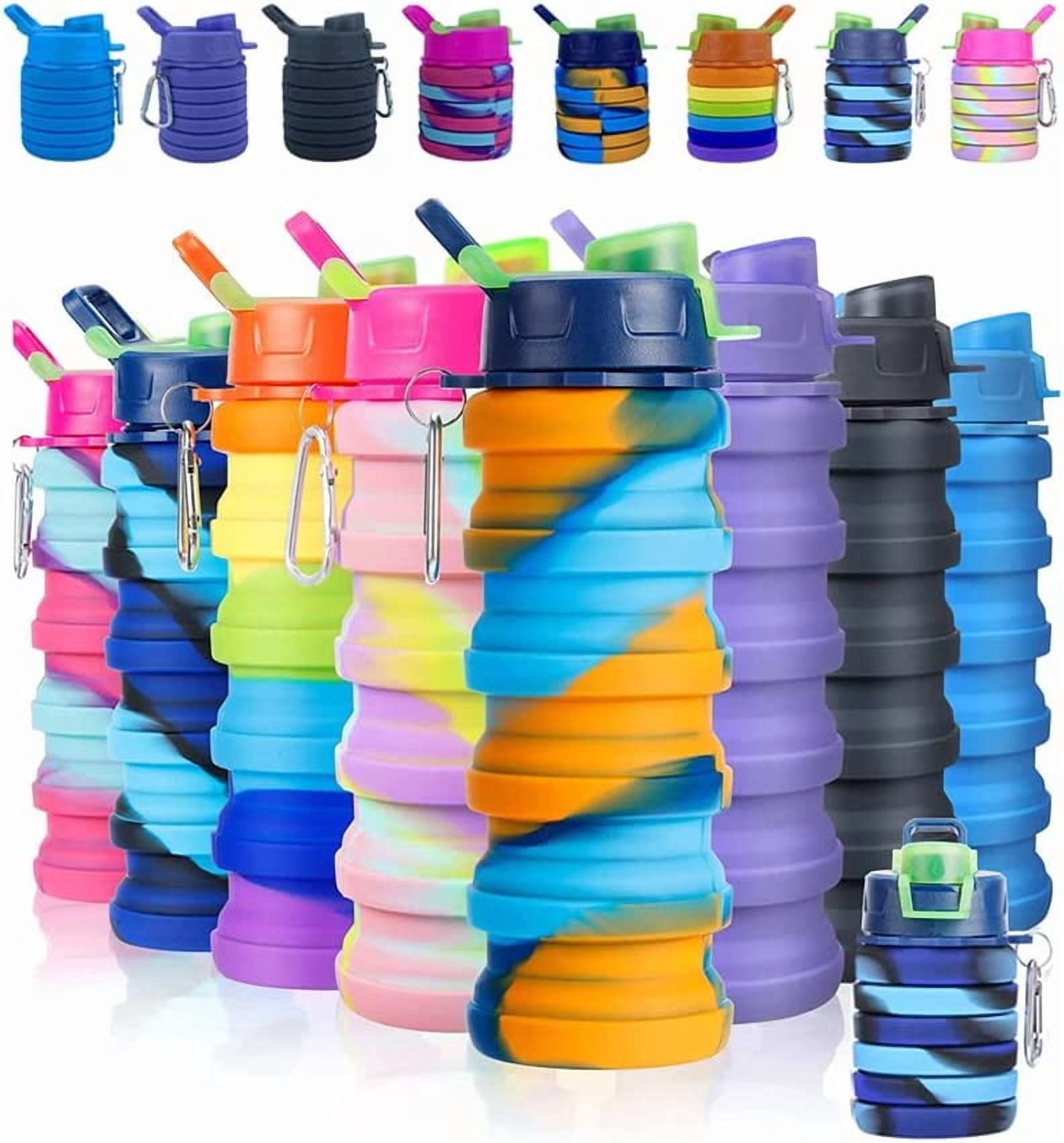 FRKSMD-Collapsible Silicone Bottles 2 Pack - Expandable 500ml Portable Sport Bottles with Carabiner for Travel & Camping (Blue Camo + Pink Camo)